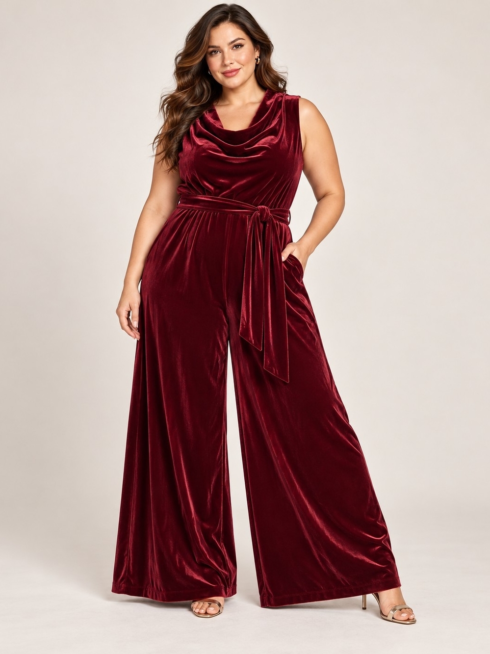 Vince Camuto Burgundy Velvet Wide Leg Jumpsuit Size XL Belted Holiday Party